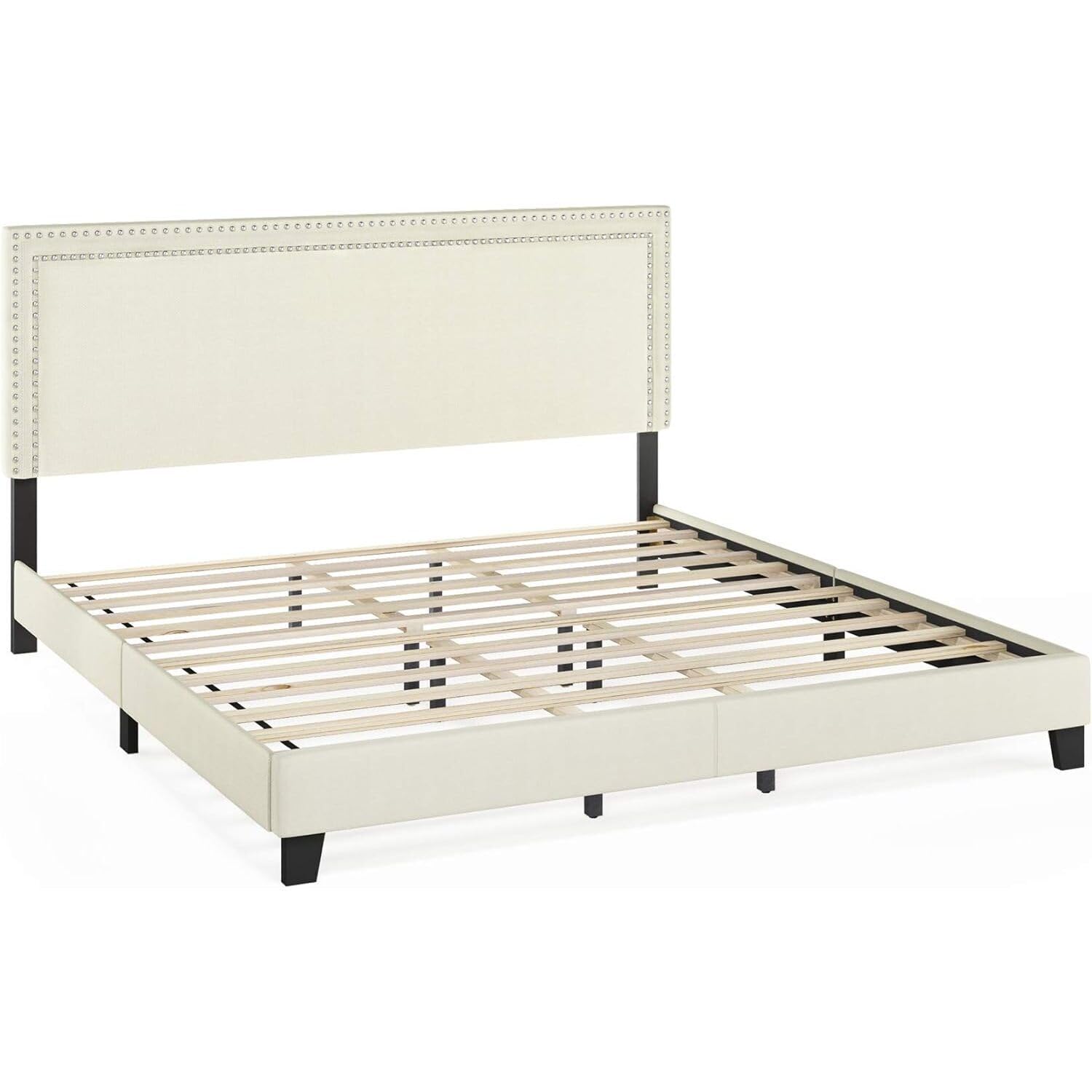 Maykoosh Coastal Cottage Button Tufted Bed Frame in Linen with 12 Piece Slat Style, King Size for A Stylish and Comfortable Bedroom Retreat