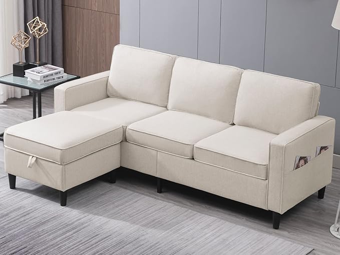 78" W Convertible Combination Sofa, L-Shaped Sofa, Linen Couch