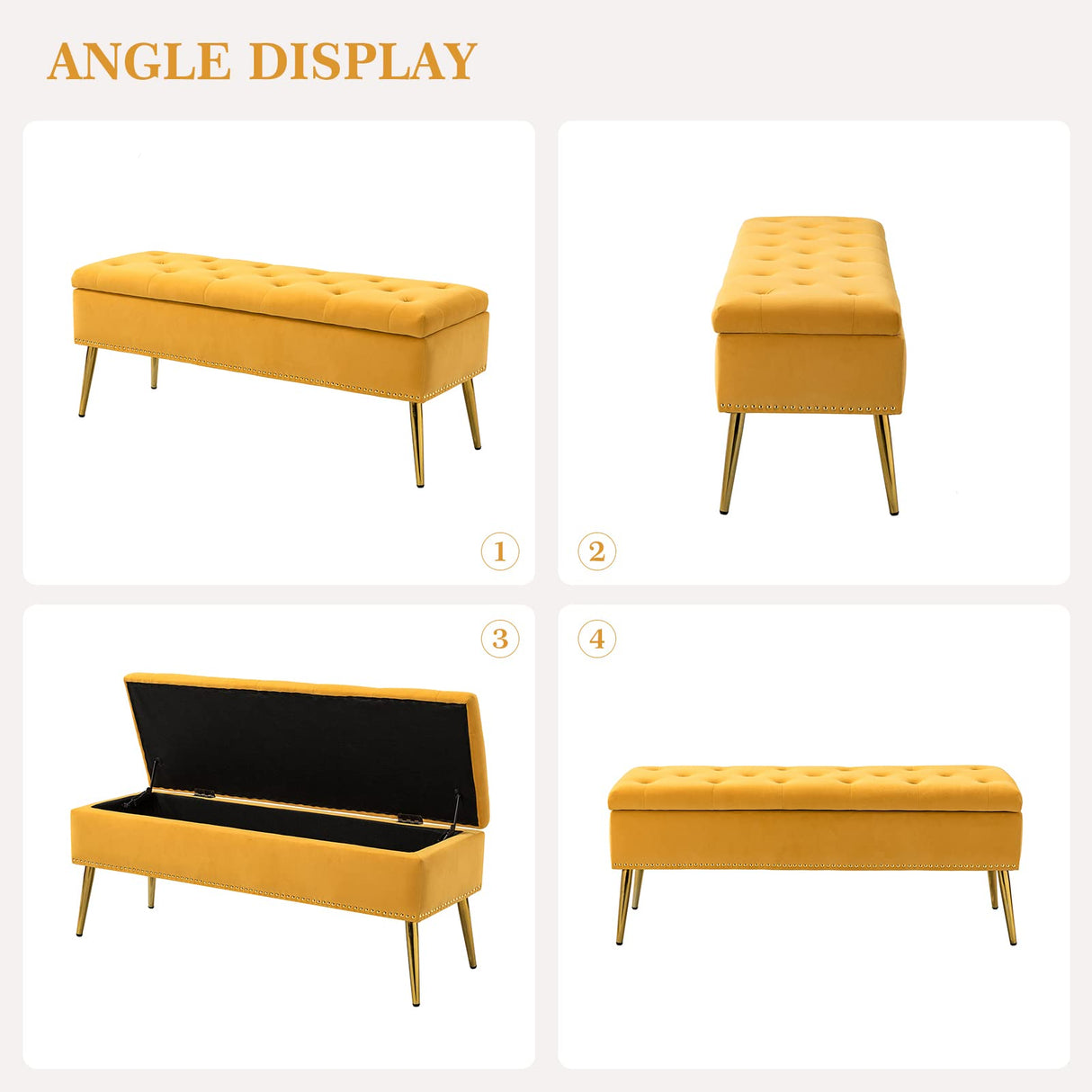 Modern Velvet Storage Ottoman Bench with Gold Base & Nailhead Trim, Upholg Room Dining Room