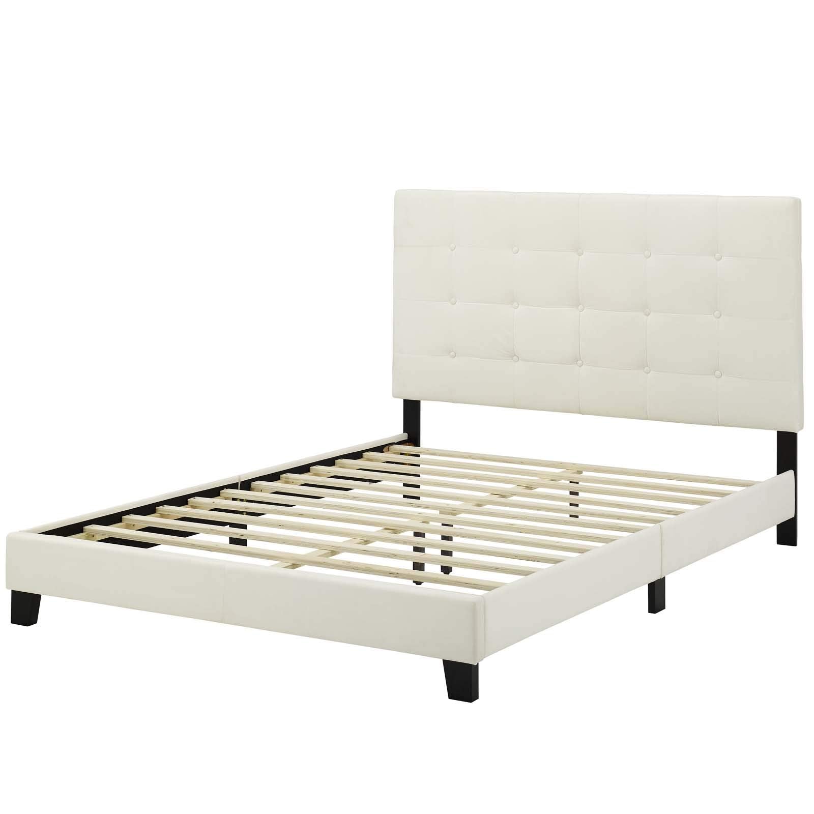 Modern Designer Bedroom Queen Size Platform Bed Frame, Velvet Fabric, Ivory White