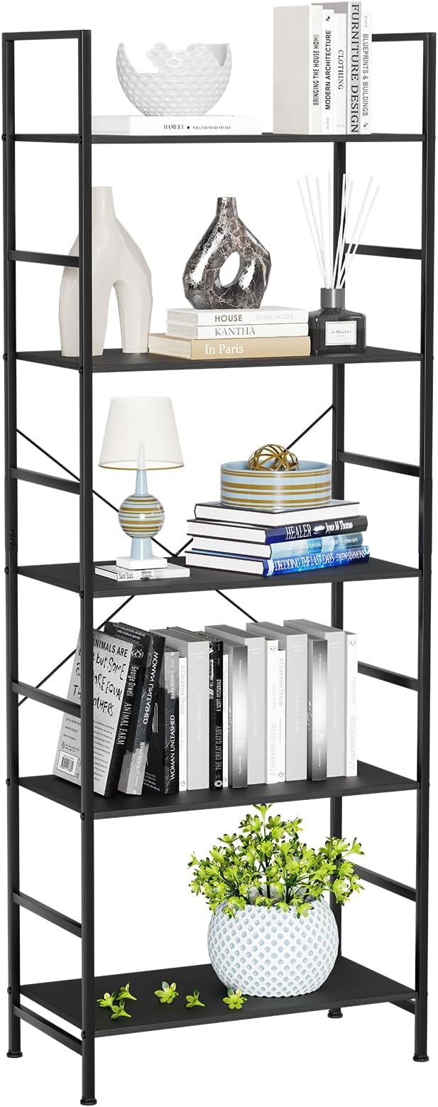 Bookshelf, Bookcase with 5 Tiers, Metal Frame Bookcase, Tall Bookcase Storage Organizer