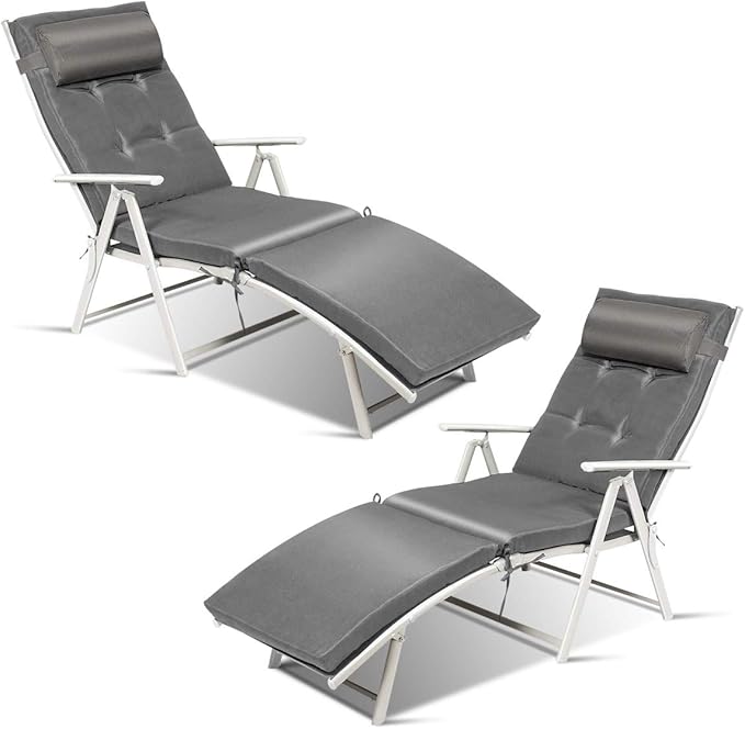 2 PCS Outdoor Folding Chaise Lounge Chair, Lightweight Recliner Chair w/ 7 Adjustable
