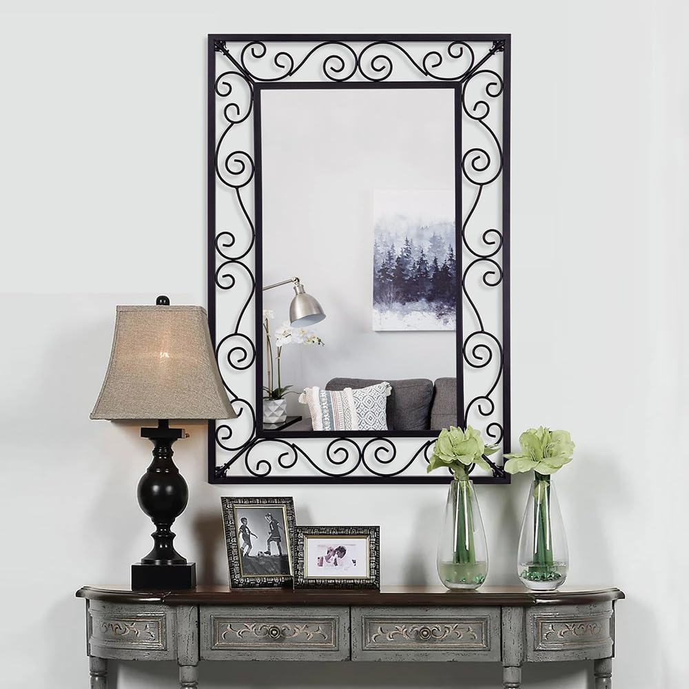 Black Metal Scroll Frame Wall Mirror 36x24 Inch