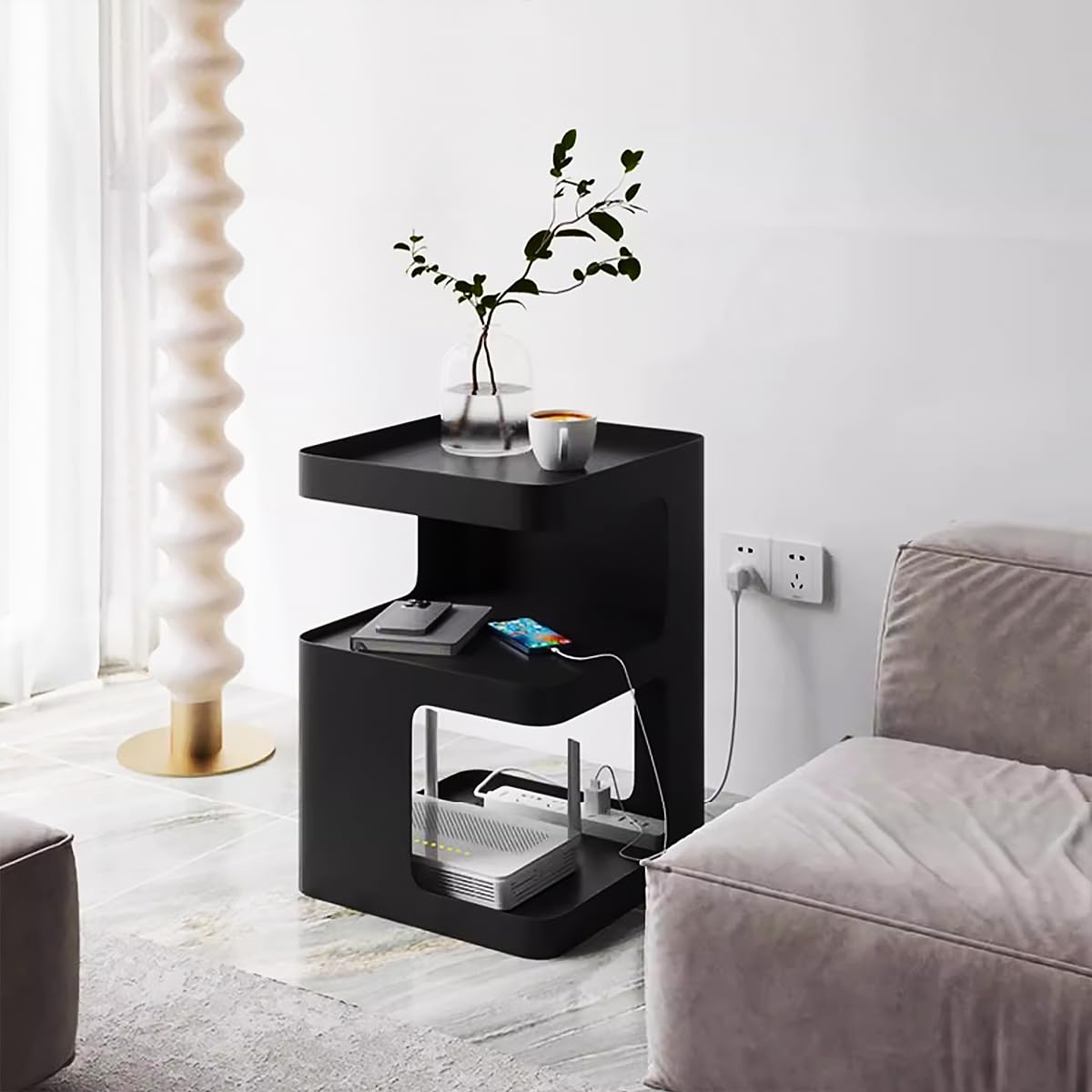 Side Table,Modern end Table,Metal Black nightstand,Bedside Table,3-Tier Accent Table