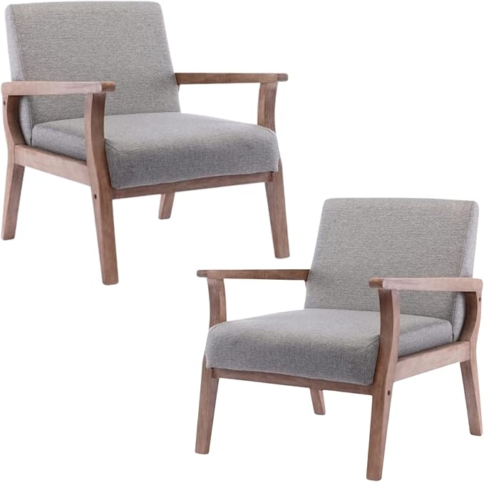 Beige Accent Chair Mid Century Modern Armchair Wood Sitting Chair Linen Fabric