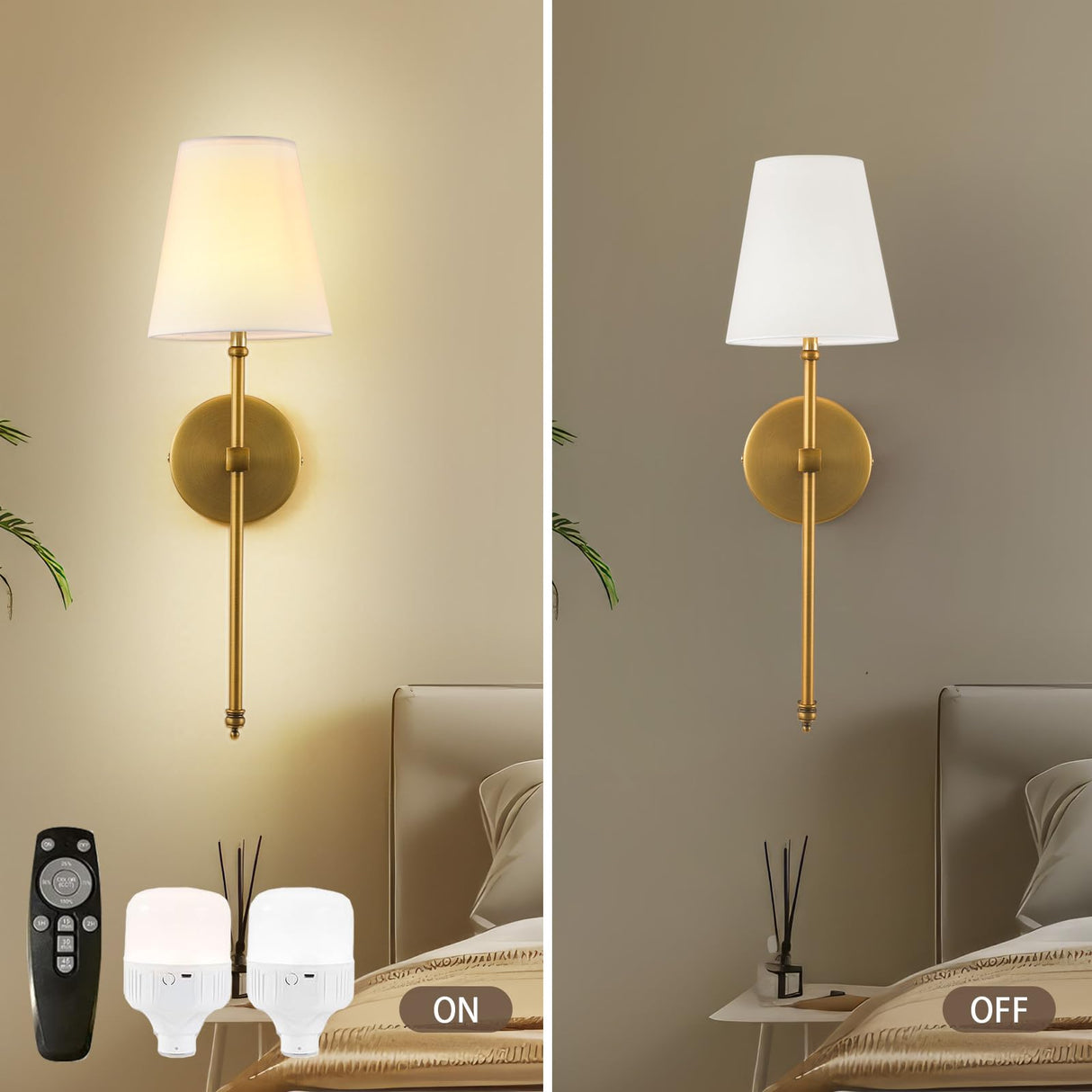 DIMMABLE Battery Operated Wall Sconces Set of 2, Rechargeable Wireless Gold Wall Lighting