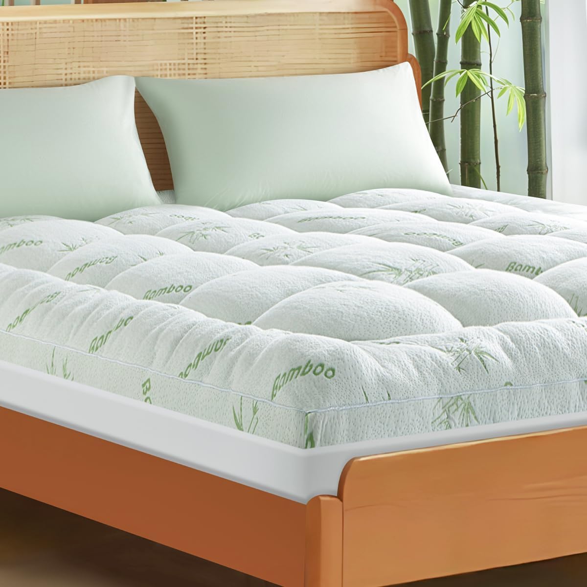 Cooling Bamboo_ Queen Mattress Topper, Extra Thick 1200 GSM Down Alternative Fill Washable