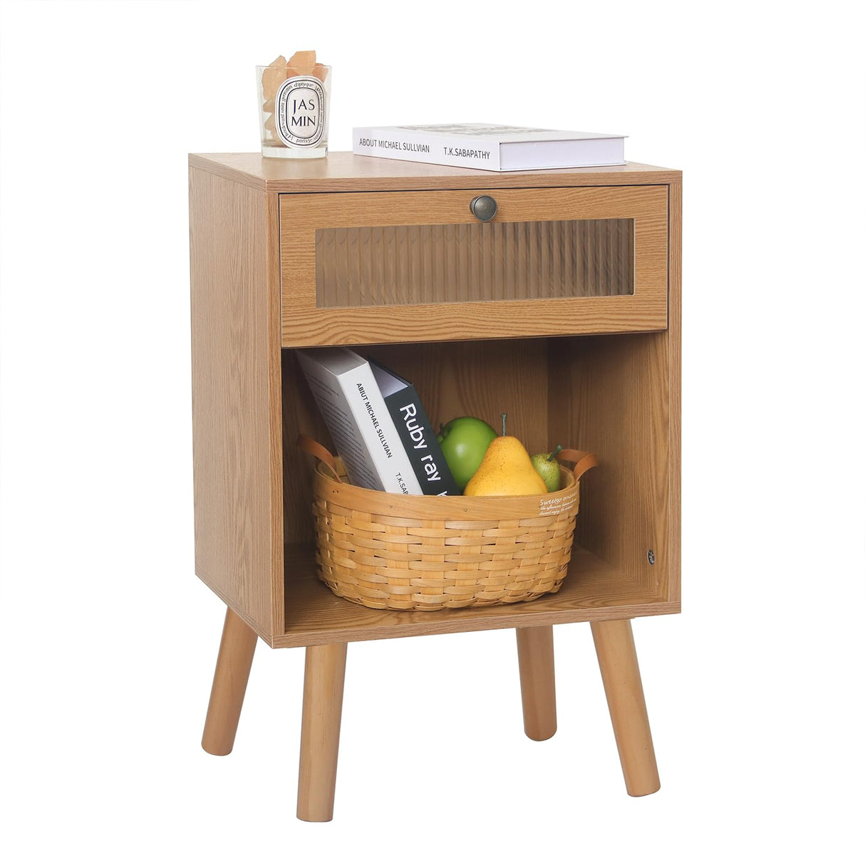 Mid Century Nightstand, Bedside Table with Glass Storage Drawer and Large Open Shelf