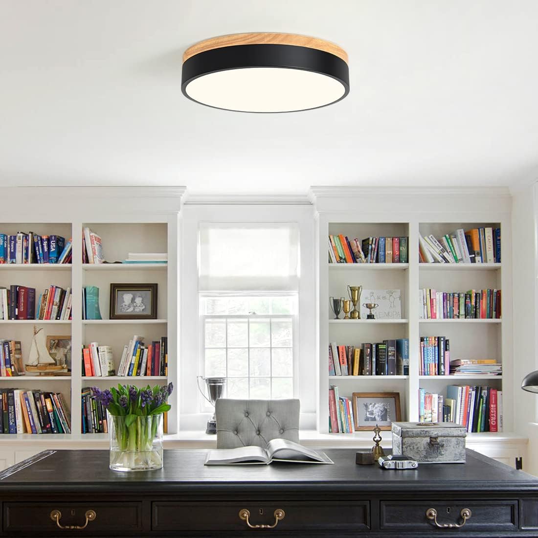 Modern Dimmable Wood LED Close to Ceiling Light, 2700K-6000K 5CCT Round Black