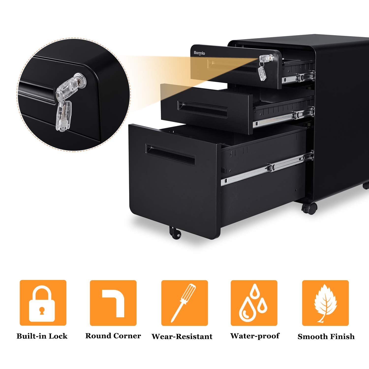 23.8" H 3 Drawer Rolling File Cabinet with Lock, Mobile File Cabinet Under Desk with Pencil Tray,