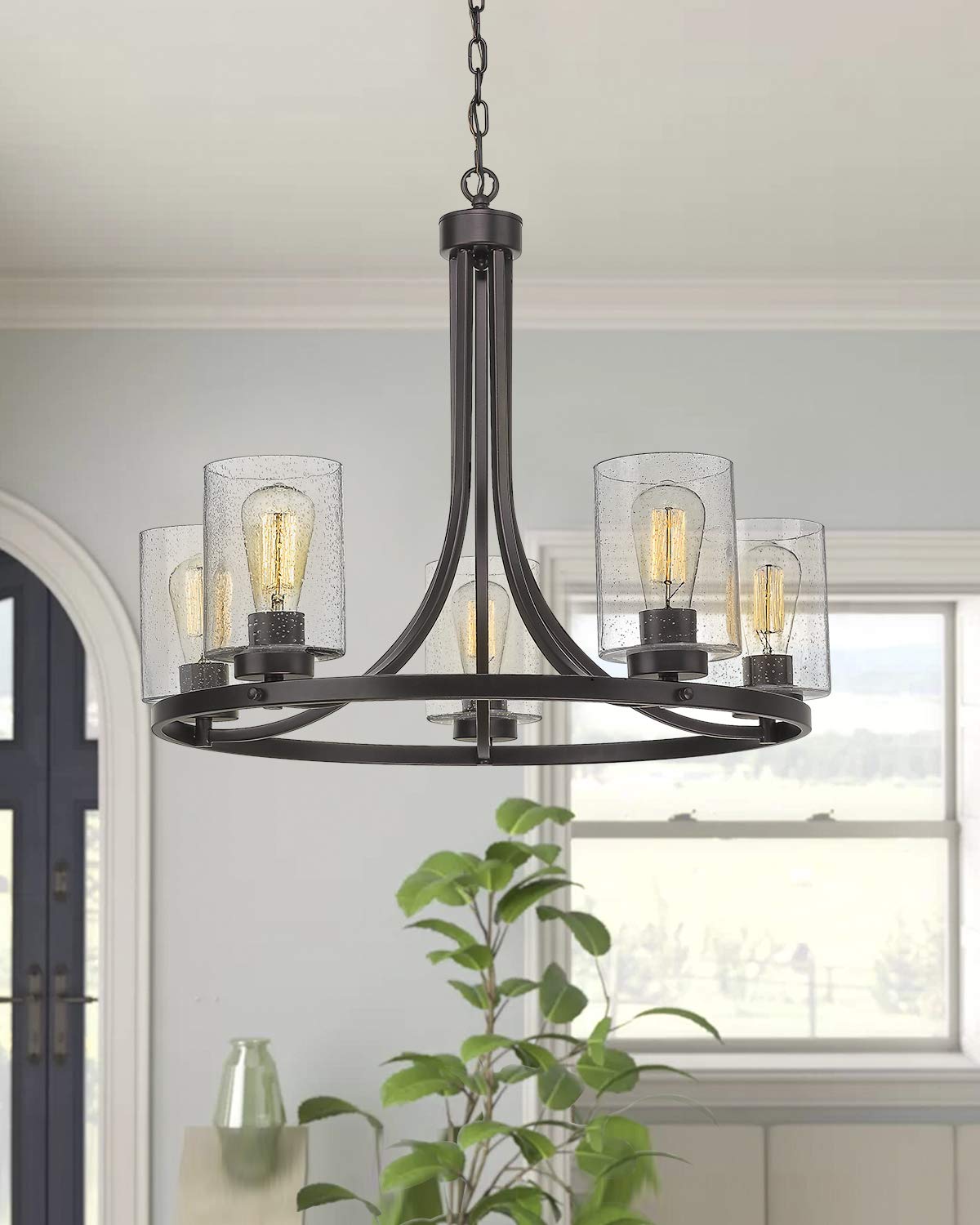 Beionxii 5-Light Wagon Wheel Chandelier, 26" Farmhouse Contemporary Foyer Pendant Light Dinning Room Lighting Fixture Oil Rubbed Bronze with Clear Seeded Glass