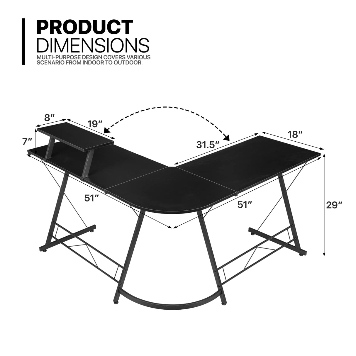 L Shaped Gaming Desk Computer Corner Table with Metal Frame, L Desk Workstation for Home Office, Space-Saving, Black