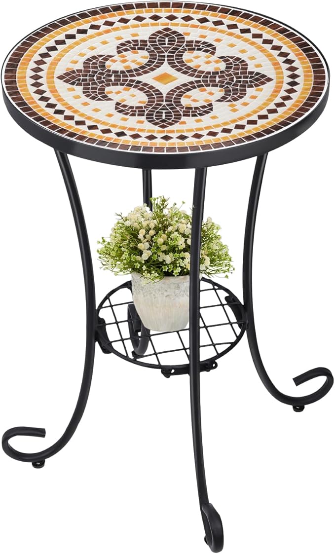 Outdoor Side Table Mosaic Patio Table Accent Tables Mosaic Tile Top Metal Frame Small