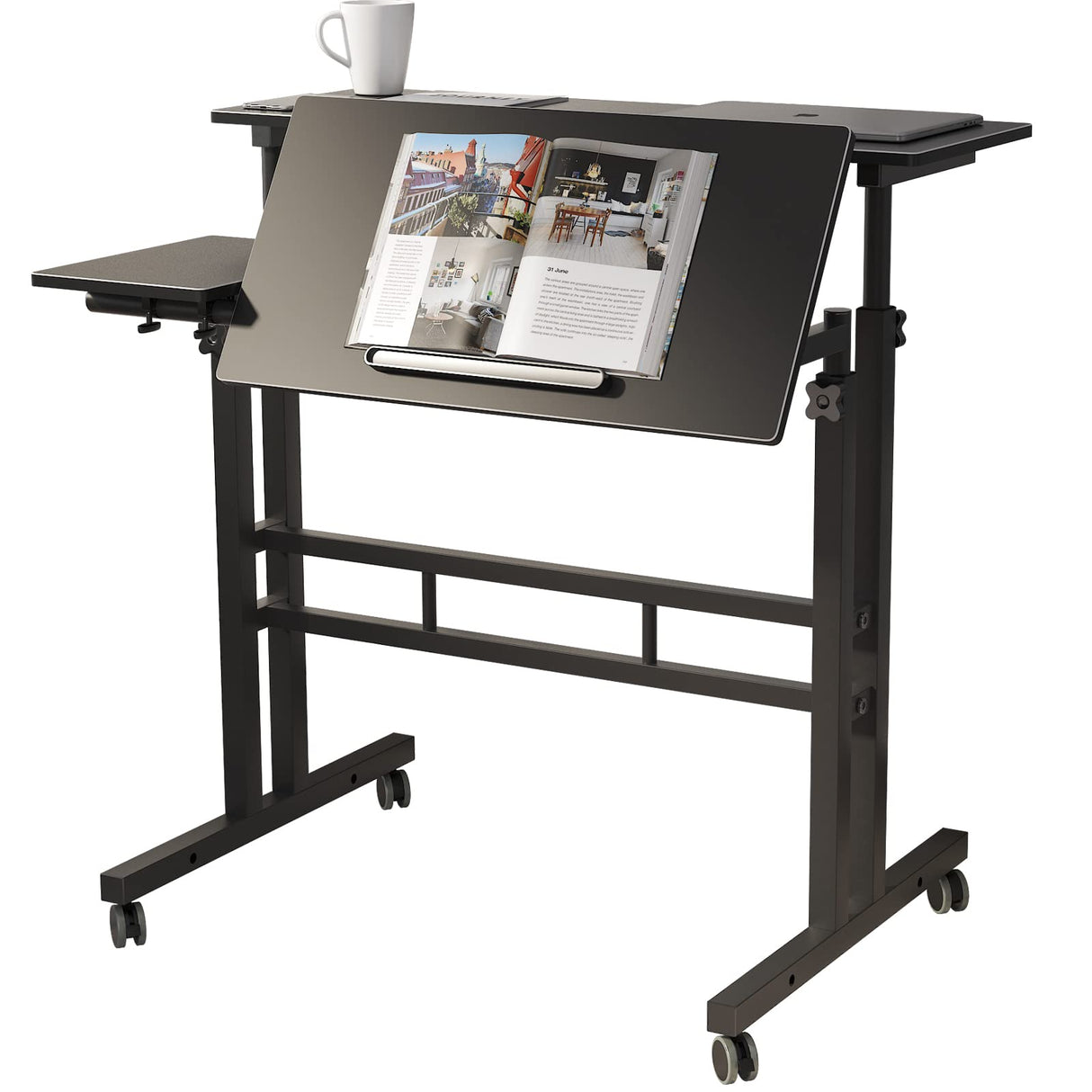 DlandHome Sit-Stand Desk Cart Mobile Height-Adjustable Sit to Stand Office Desk Riser Standing Table Workstation Mobile Desk, Black 101-2BK