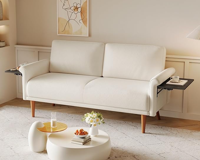 70" Loveseat Sofa with Foldable Side Table, Modern 2 Seater Couch
