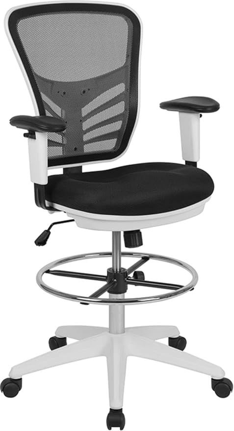 Mid-Back Light Gray Mesh Ergonomic Drafting Chair with Adjustable Chrome Foot Ring, Adjustable Arms and White Frame