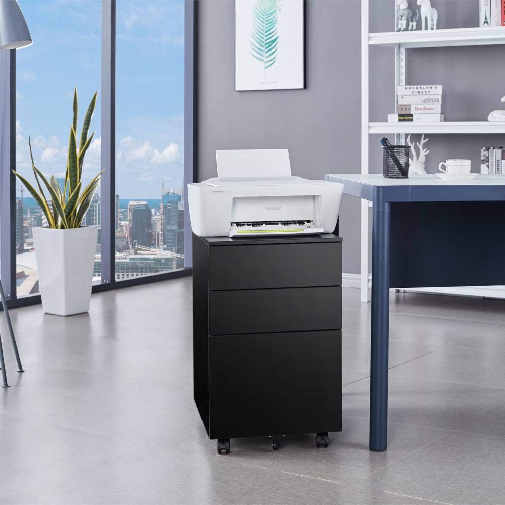 Black 3 Drawer File Cabinet with Lock, Rolling File Cabinet for Home Office