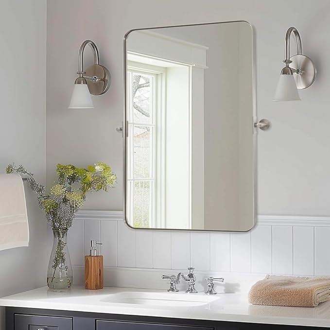 Black Bathroom Mirrors , Metal Framed Rounded Rectangle Wall Vanity Mirror