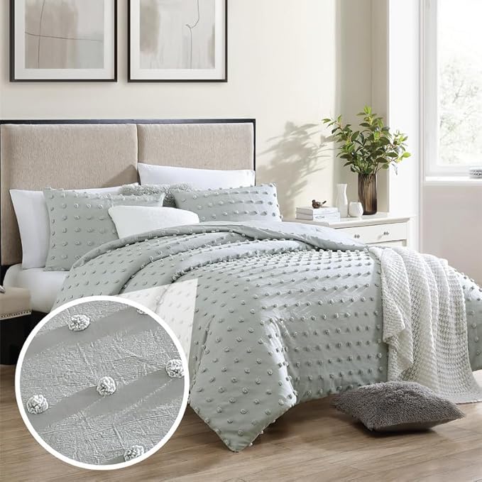 King Gray Comforter Set - Ruched 3D Floral Pintuck Bedding Set - 3 Pieces Bed Linen, 1 Comforter and 2 Pillow Shams