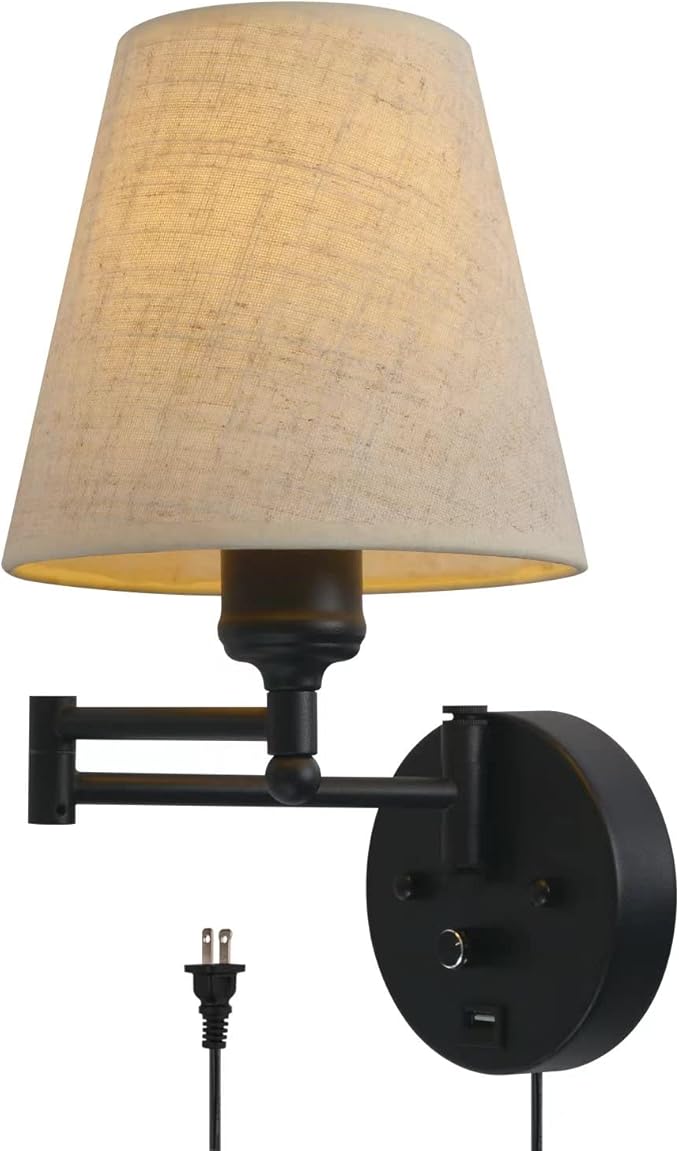 Bedside Wall Mount Light with Dimmable Switch and USB Port, Gold Swing Arm Fabric Shade Wall