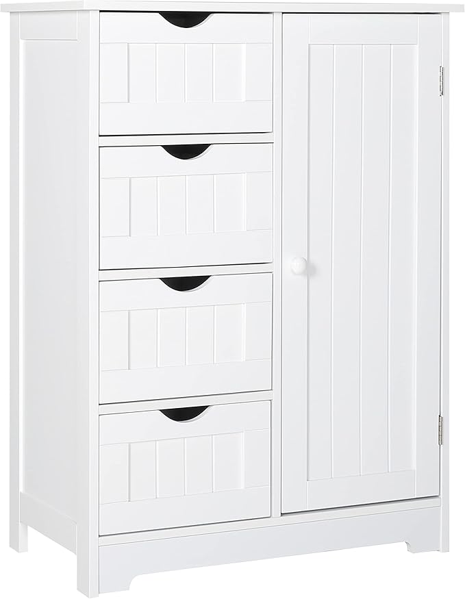 Small Storage Cabinet Bamboo with 4 Drawers and 1 Cupboard, Freestanding Compact Floor Cabinet Bamboo for Entryway