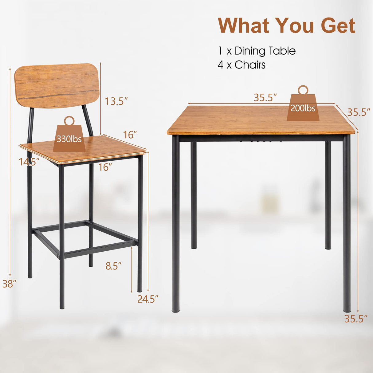 5-Piece Dining Table Set for Small Space, Kitchen Table and Chairs Set for 4 with Steel Frame,