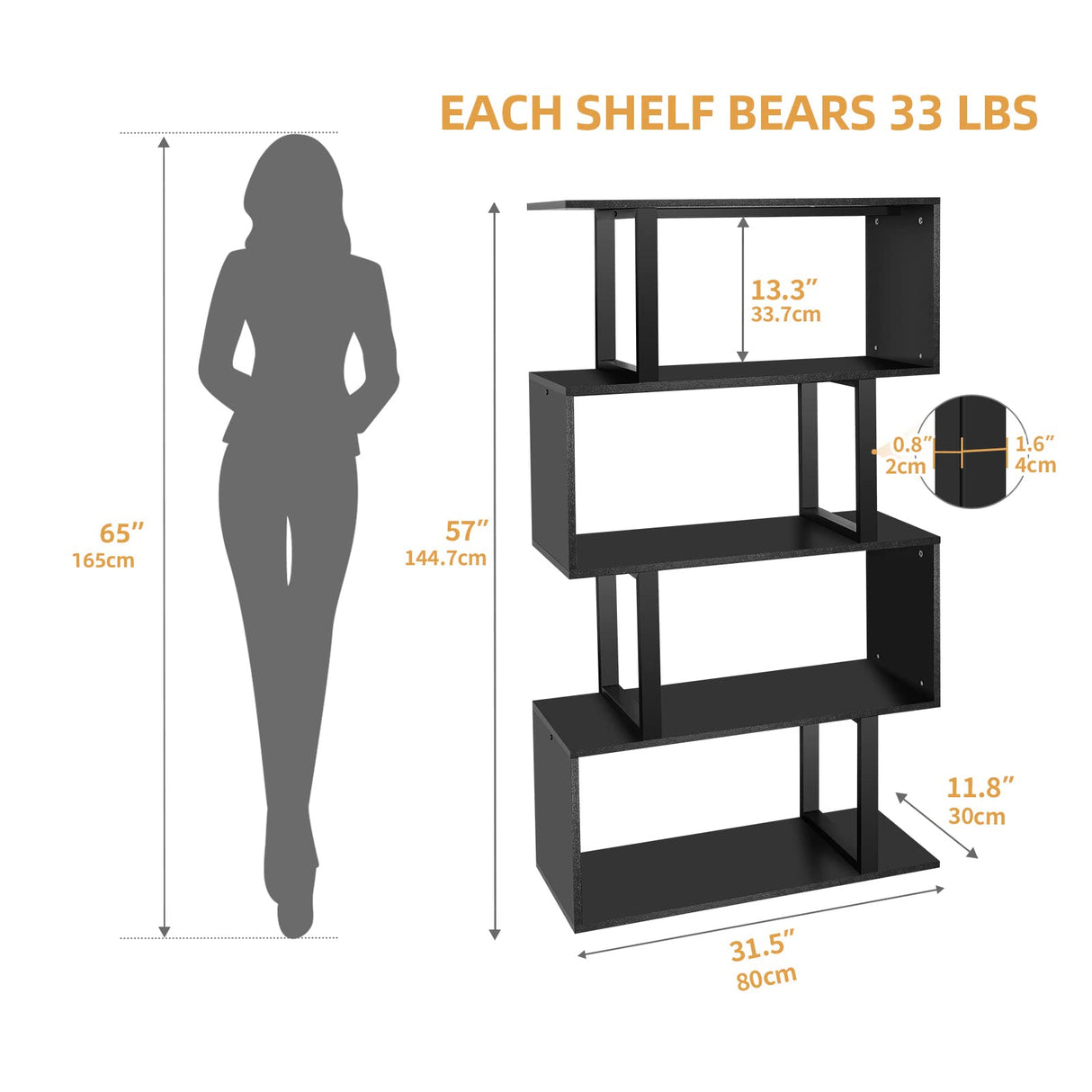 5-Tier Bookshelf, S-Shaped Z-Shelf Bookshelves and Bookcase, Modern Freestanding Multifunctional Decorative Storage Shelving for Living Room Home Office, Black