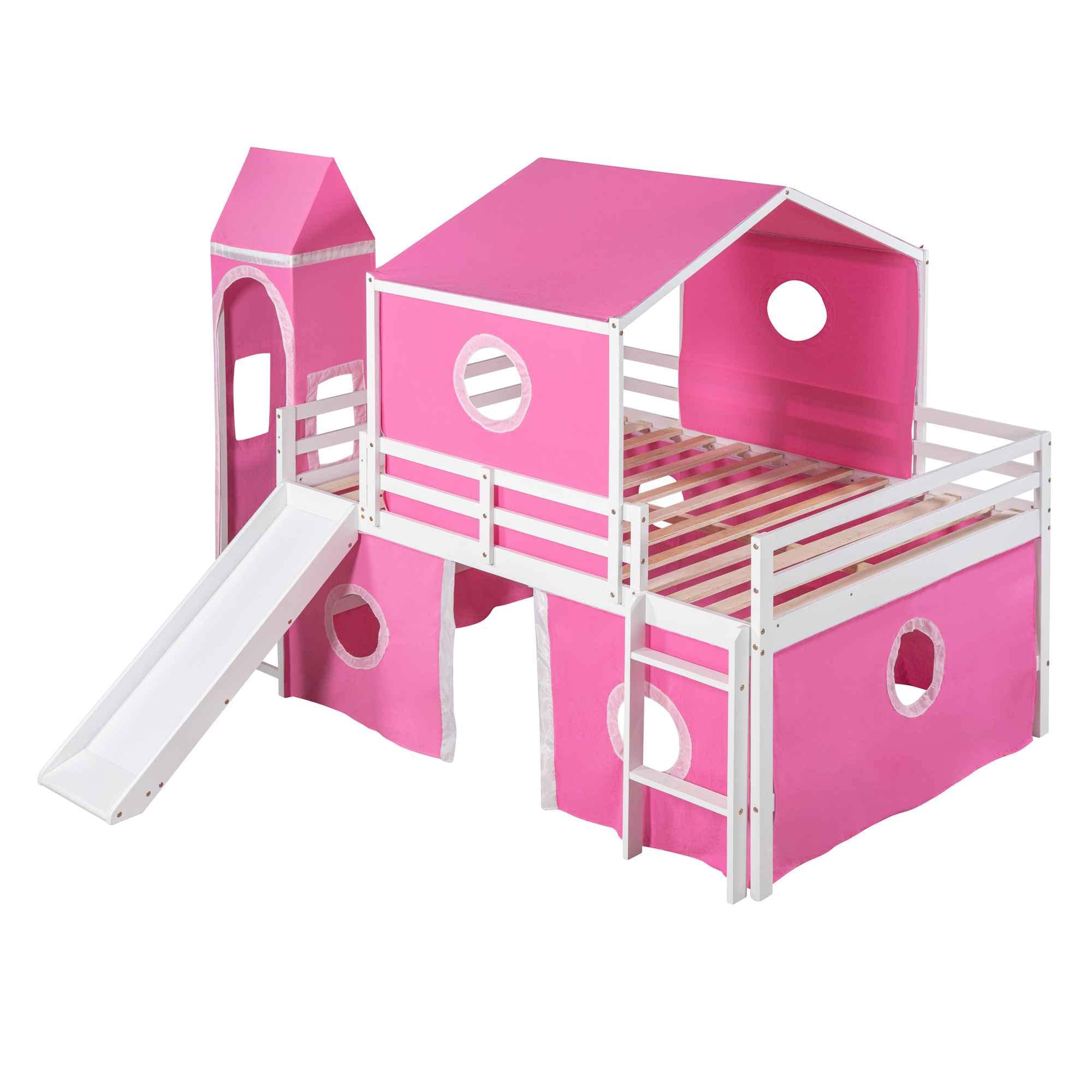 Full Size Bunk Bed with Slide and Tent, House Shaped Loft Bedframe w/Curtains