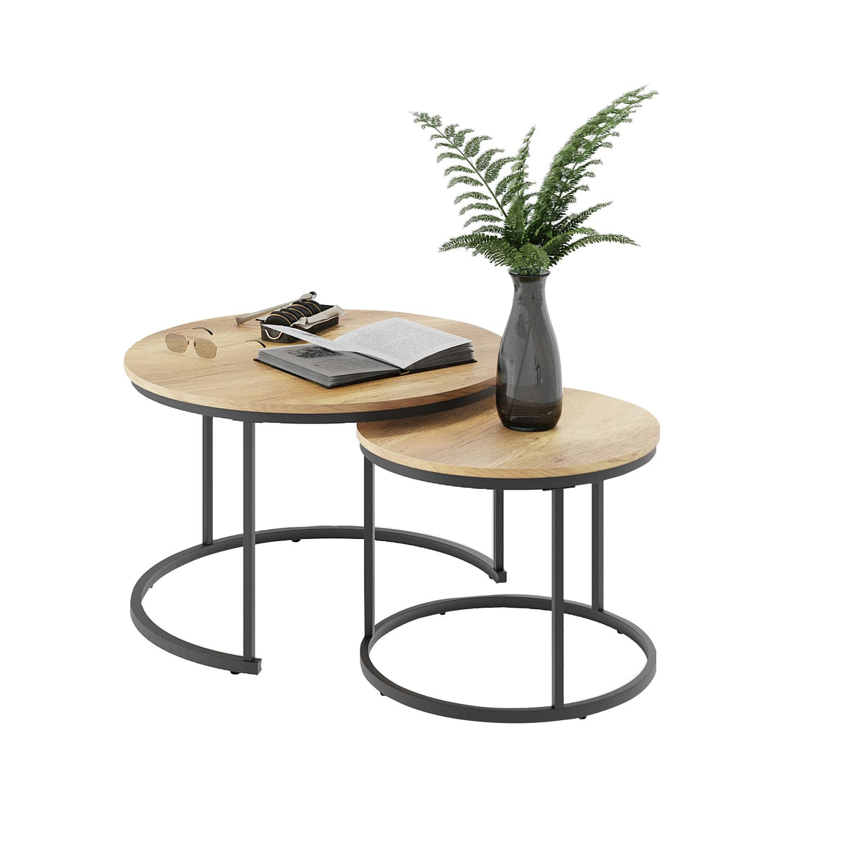 Nesting Coffee Table Set of 2, 27.6" Round Coffee Table Wood Grain Top with Adjustable Non-Slip Feet, Industrial End Table Side Tables for Living Room Bedroom Balcony Yard