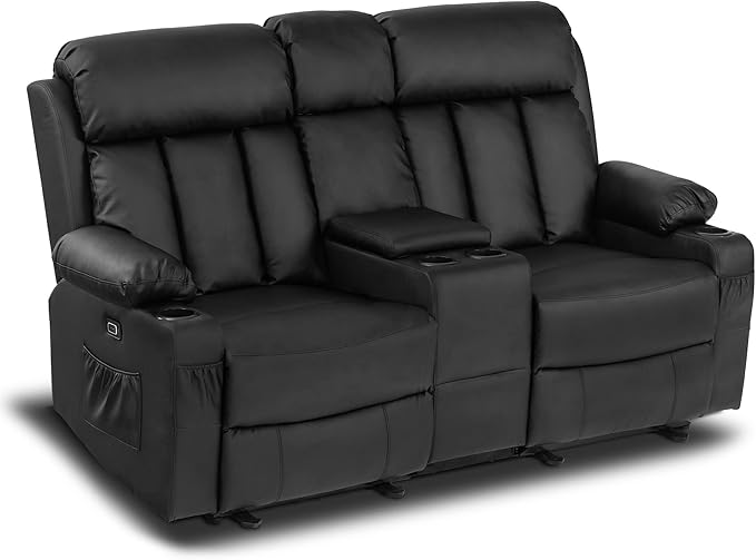 Power Loveseat Recliner, Electric Reclining Loveseat Sofa with Heat and Vibration, Cup Holders, USB Charge Port for Living Room 6075 Faux Leather (Loveseat Recliner, Black)