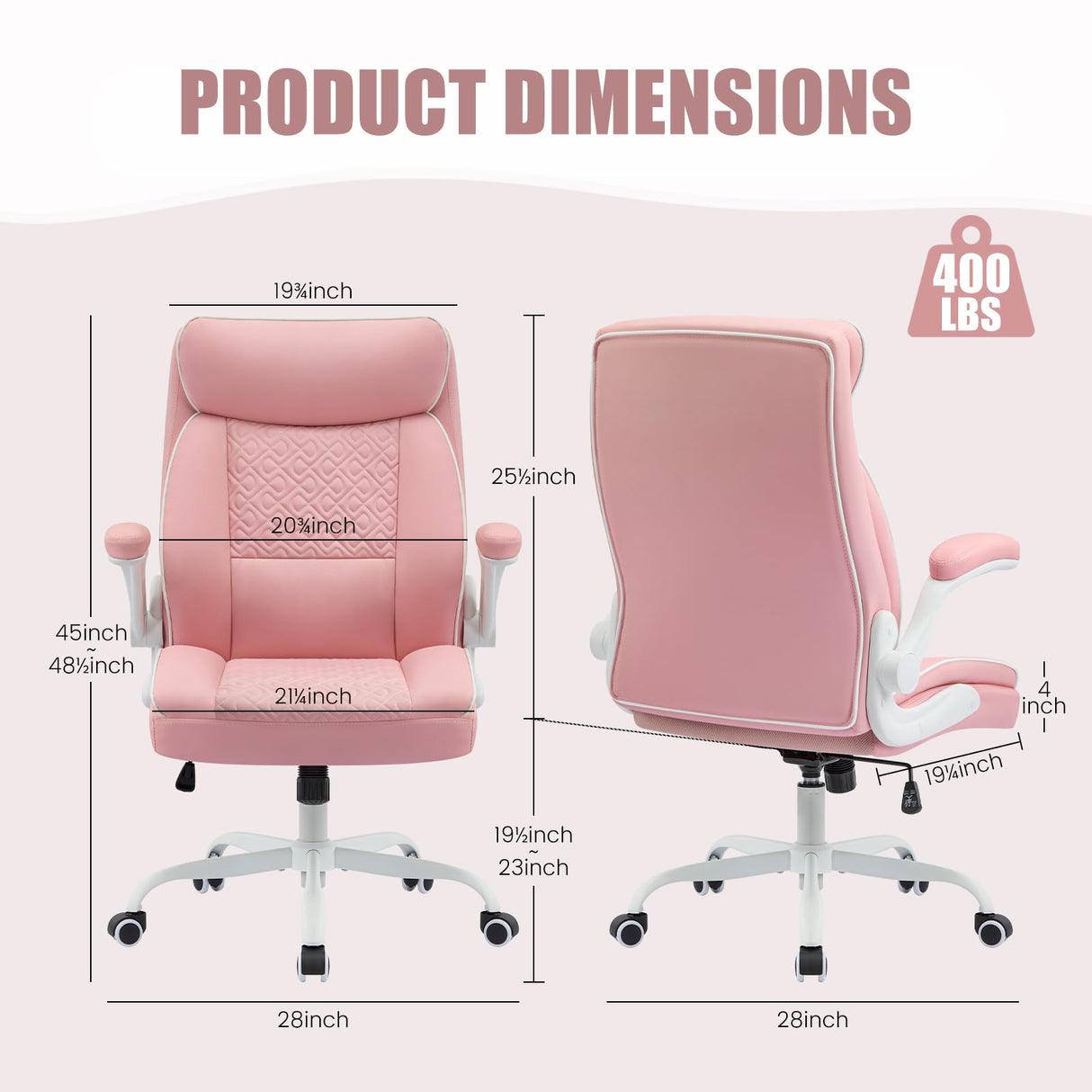 Pink Leather Office Chair with Lumbar Support & Flip-Up Armrests