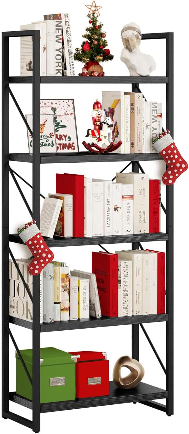 5-Tier Bookshelf, Freestanding Book Shelf, Industrial Minimalist Open Display Storage