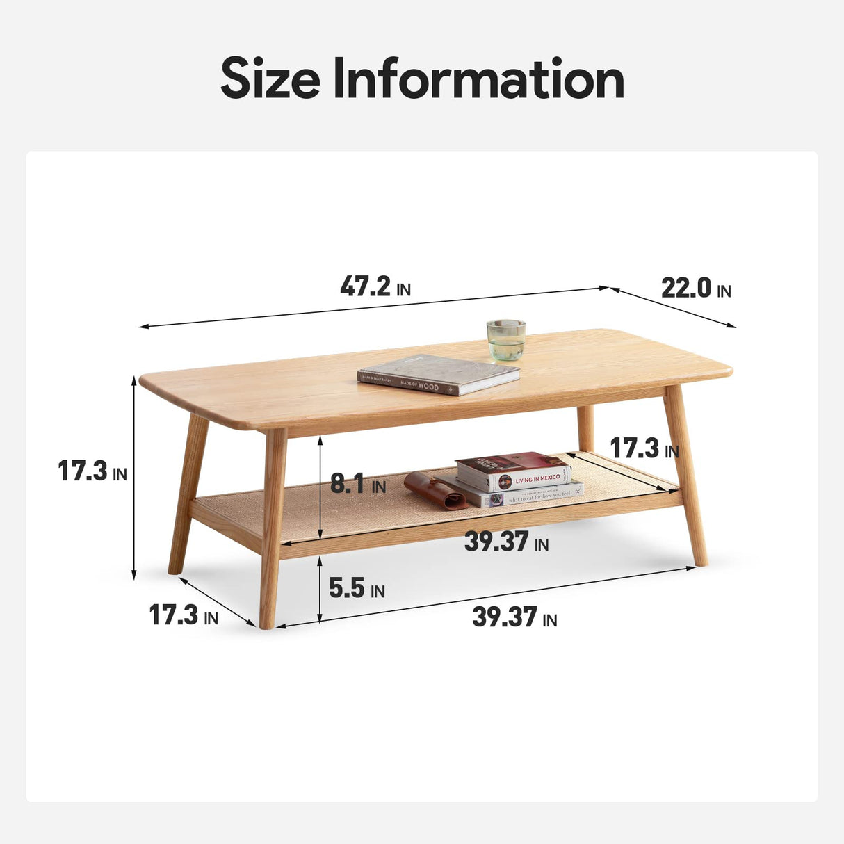 Rattan Coffee Table, 100 Percent FAS Solid Oak Wood Living Room Tables