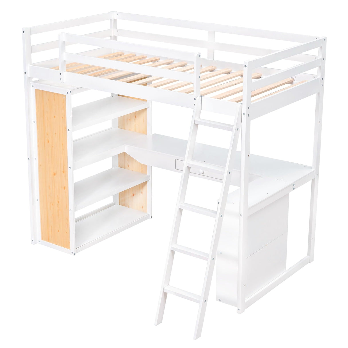 Twin Wood Loft Bed wDesk, Shelves, Drawers, Oleophobic Board, Ladder White - Twin