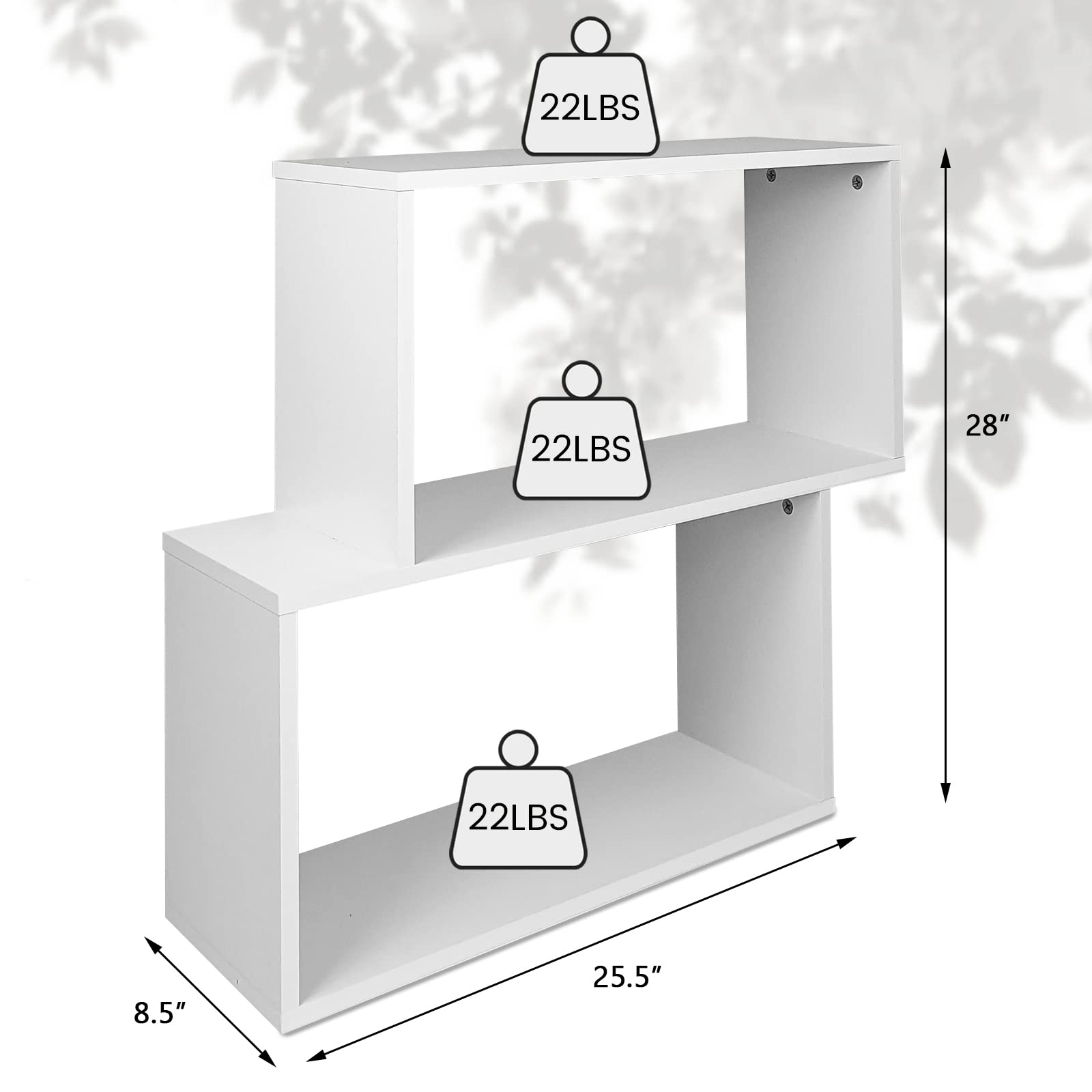 3-Tier Geometric Bookshelf White, 28’’ Tall Wood S-Shaped Display Shelves