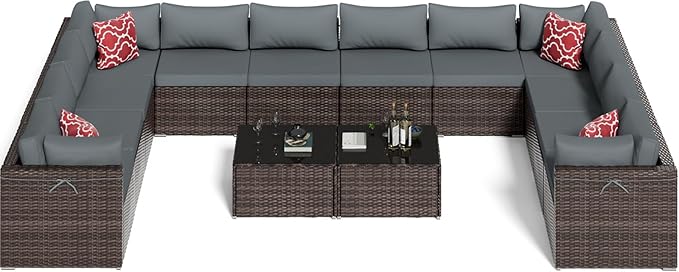 7-Piece Patio Furniture Set, Brown PE Rattan Sectional Sofa with Water-Resistant Gray Cushions