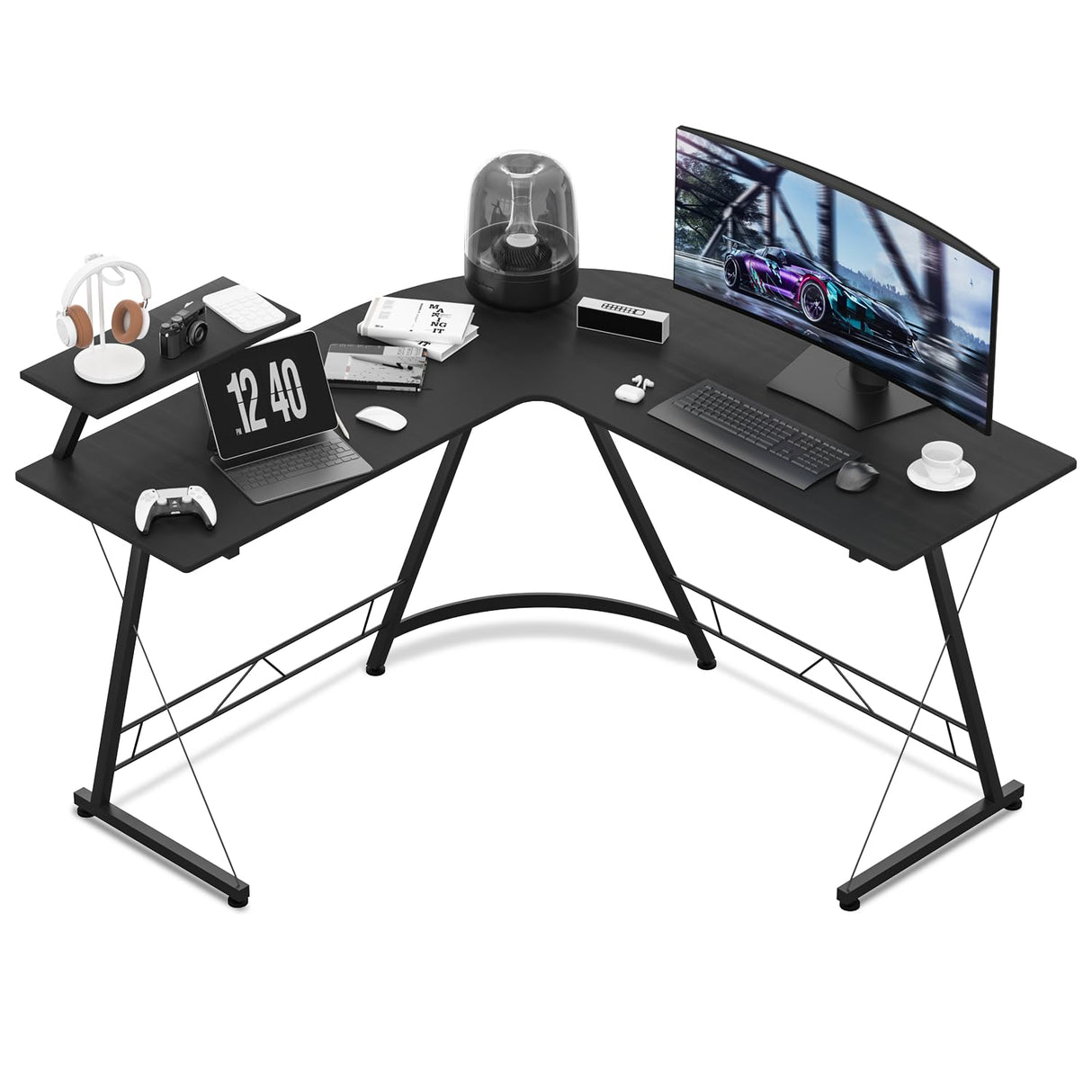 L Shaped Gaming Desk Computer Corner Table with Metal Frame, L Desk Workstation for Home Office, Space-Saving, Black