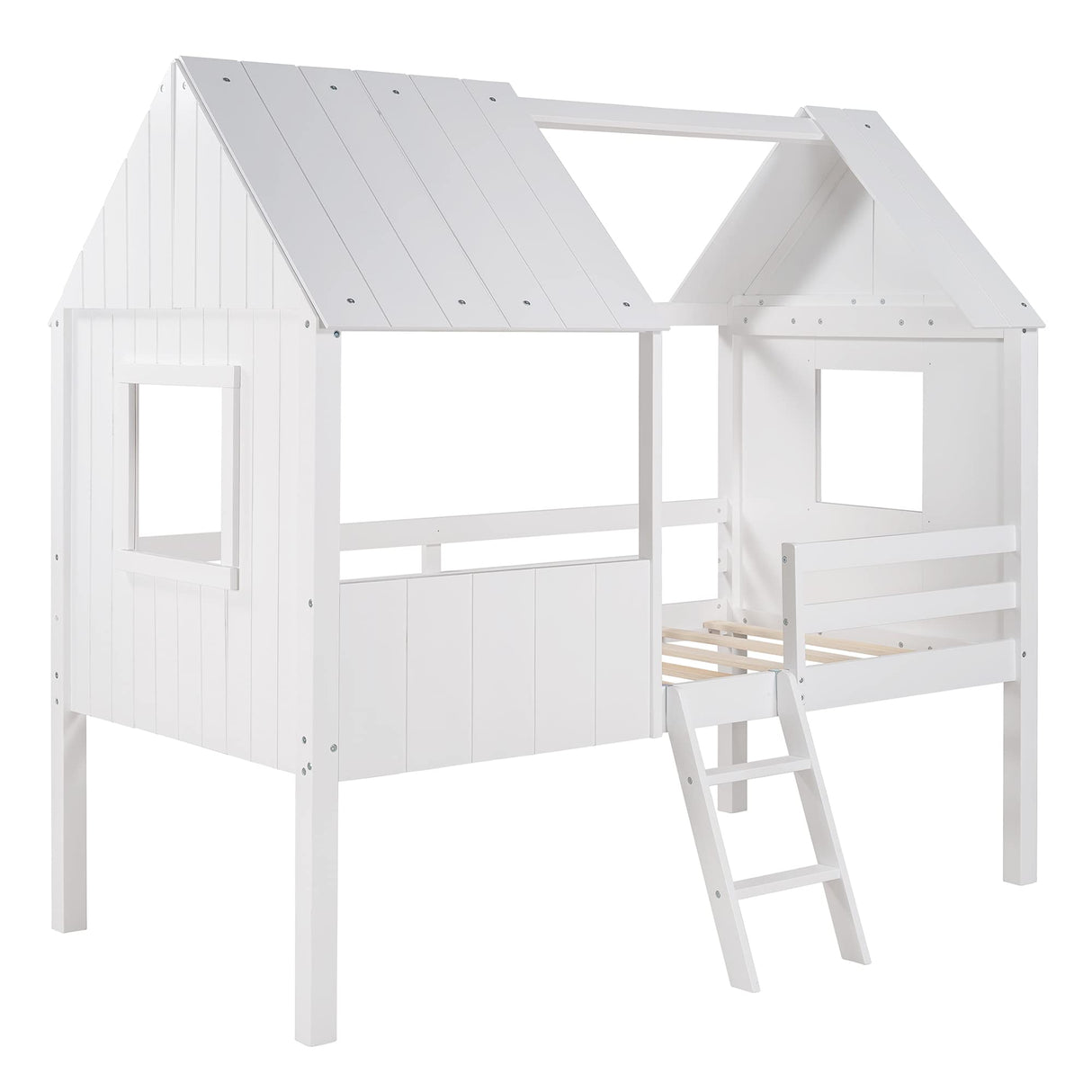 Size Low Loft Bed with Roof and Windows, Wood House Bed with Safety Fence and Two