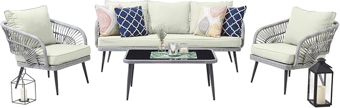 Riviera 4-Piece 5 Seater Patio Conversation Set with Cushions, Cream