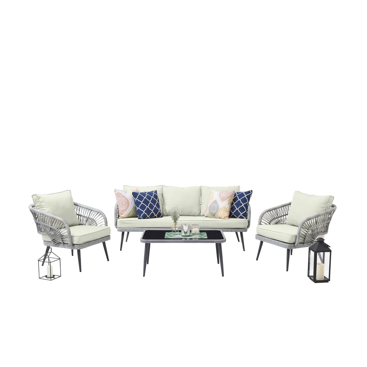 Riviera 4-Piece 5 Seater Patio Conversation Set with Cushions, Cream