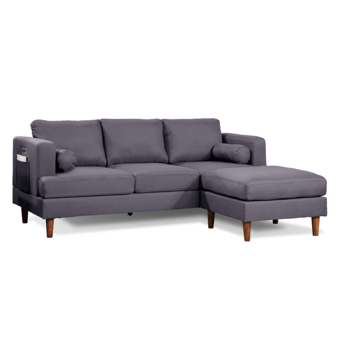 84 Inch Plush Sofa with Reversible Chaise Ottoman, USB, Dark