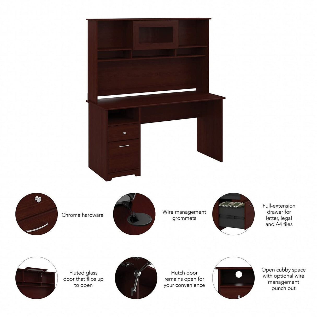 Cabot 60W Computer Desk with Hutch and Drawers in Harvest Cherry