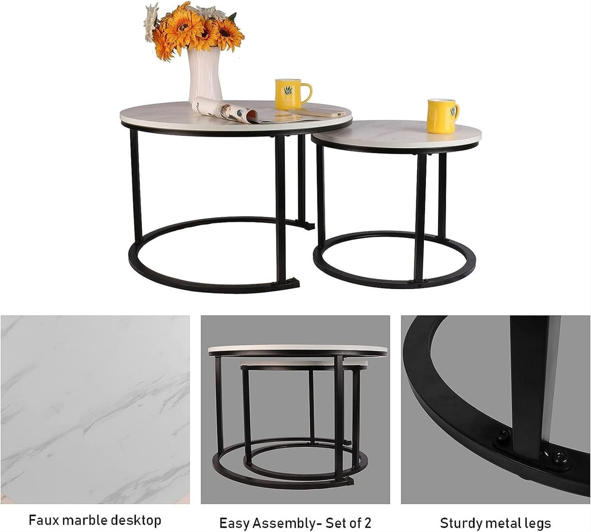 Modern Living Room Coffe Table Small Round Nesting Coffee Table 27" Wood and Metal