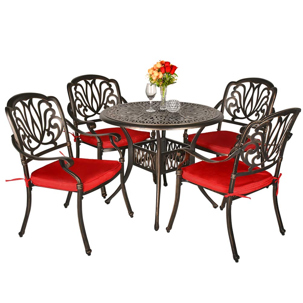 5 Piece All-Weather Cast Aluminum Outdoor Patio Deck Dining Set w/Round Table