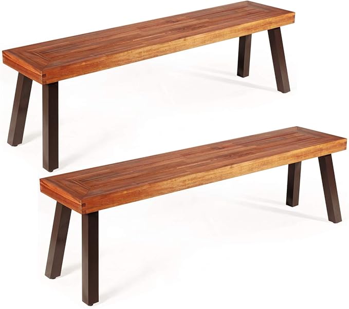 Set of 2 Outdoor Bench, Acacia Wood Patio Seating, Dining Benches