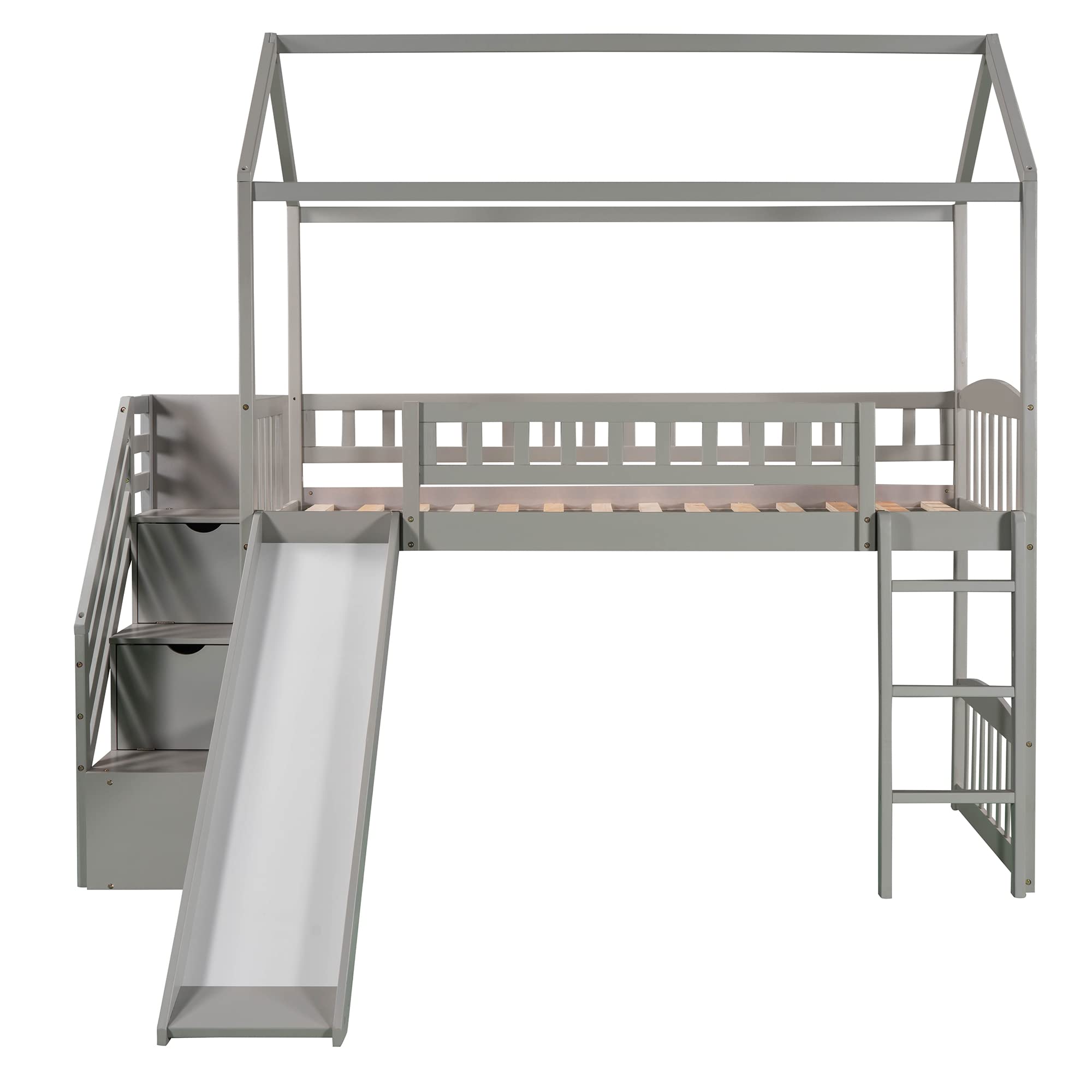 Twin Loft Bed with Stairs and Slide, Wooden House Loft Bed Twin Size