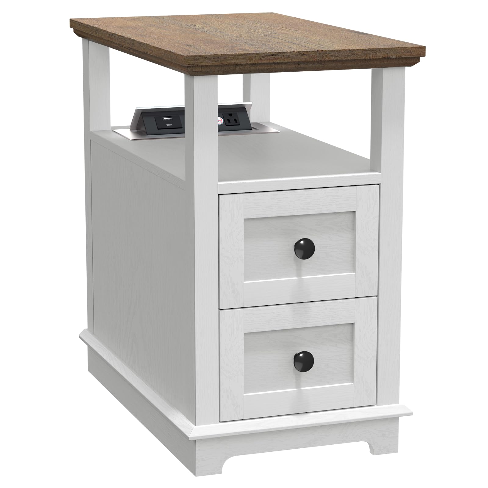 Narrow End Table with Flip Top Charging Station and 2 Drawers