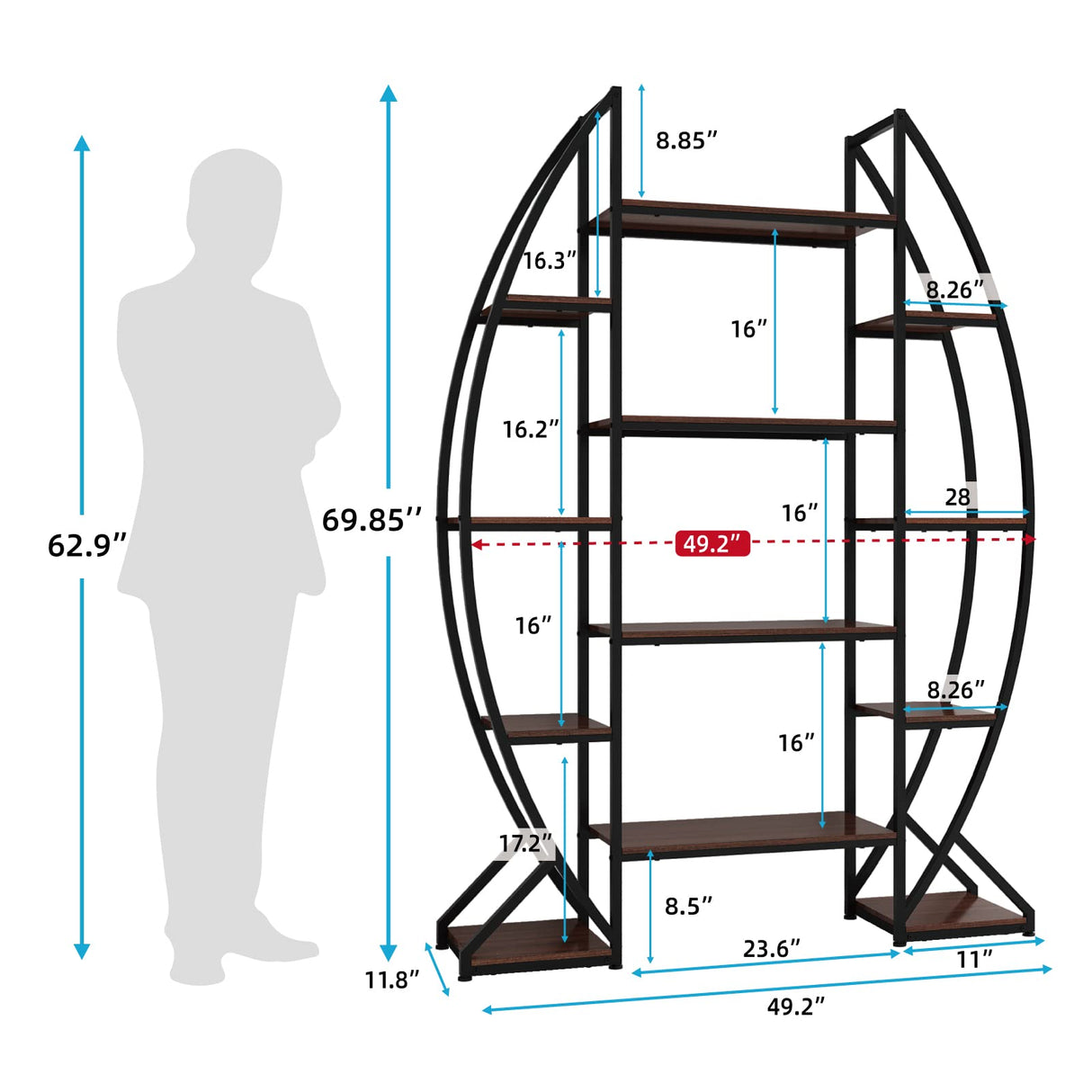 Large Oval Bookshelf – 70” Tall, 5-Tier Industrial Metal & Wood Bookcase