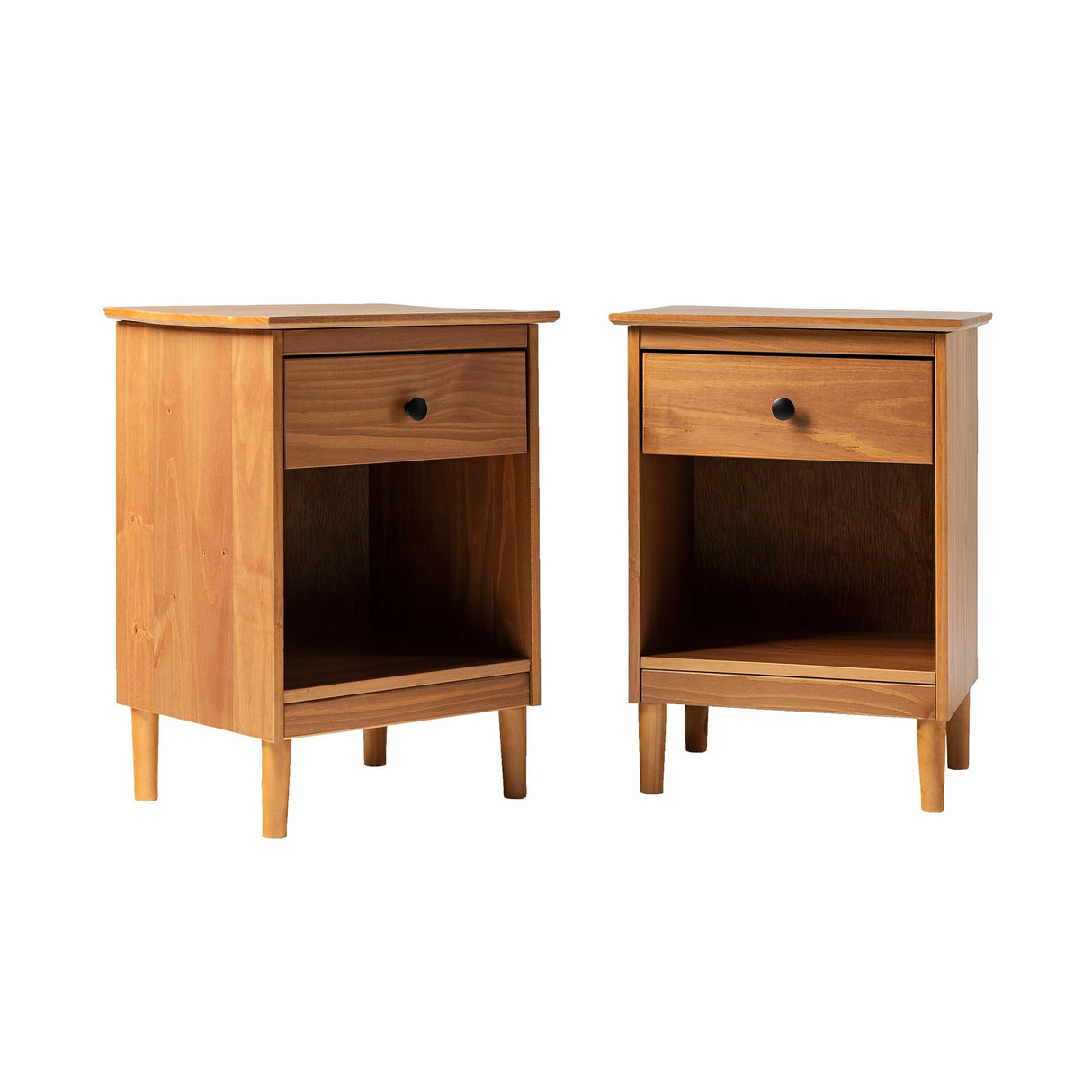 Russ Mid Century Modern 1-Drawer Solid Wood Nightstand Set, Caramel