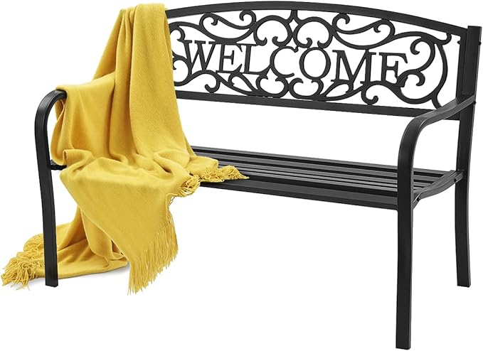 Outdoor Steel Garden Bench Park Bench, 50 Inch Patio Welcome Bench with Slated Seat